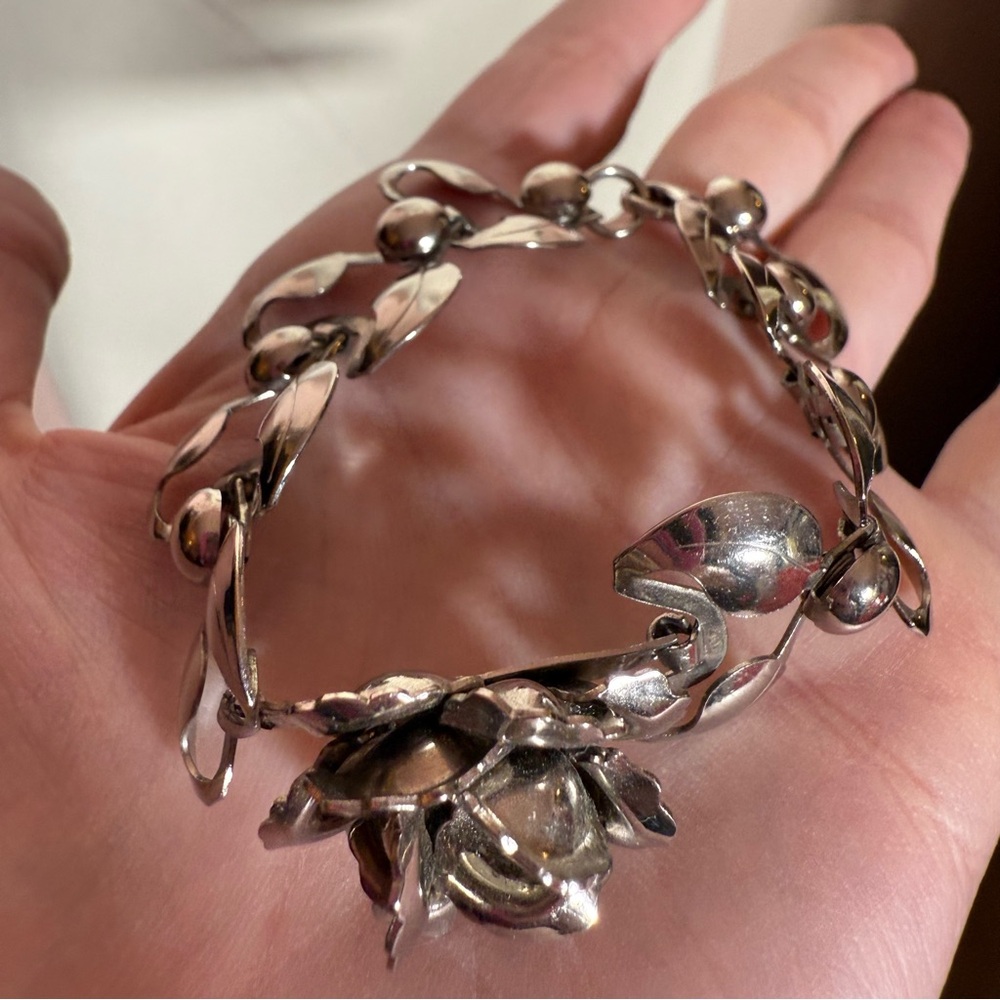 Silver Floral Rose Bracelet with Center Crystal - Picture 15 of 16